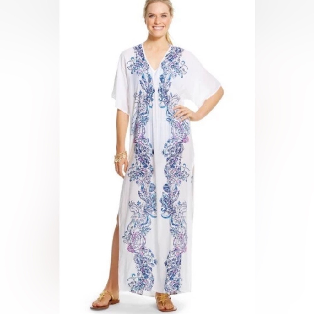 Lilly Pulitzer White Maxi Caftan with Blue and Purple Scrolls